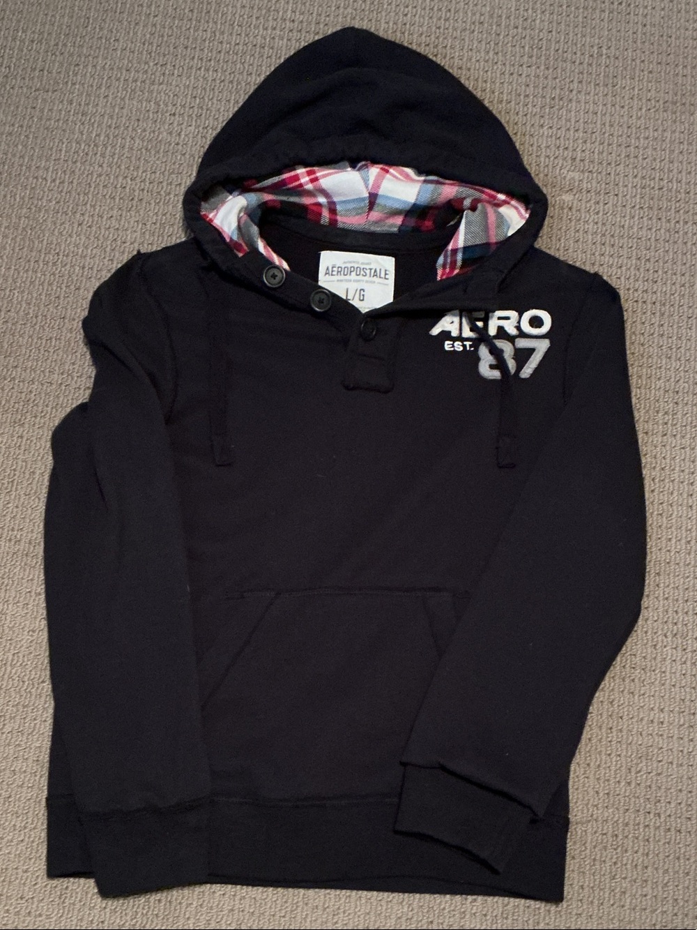 Aeropostale Black Hoodie with Red & White Plaid Hood Lining